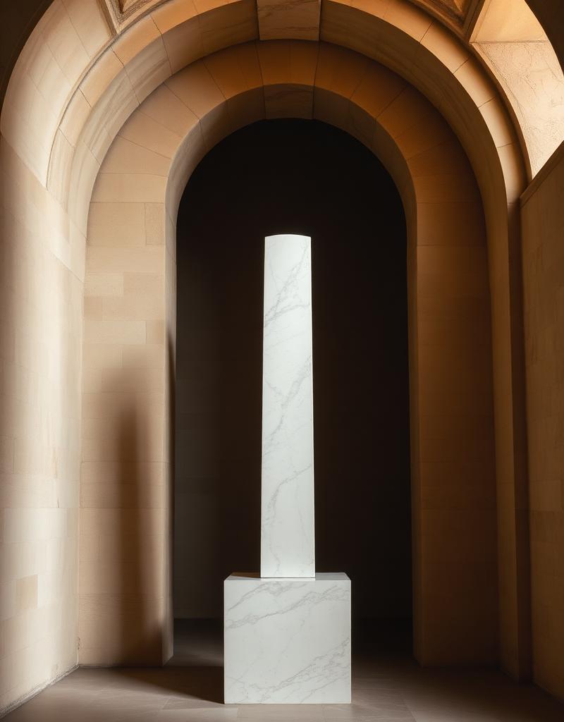 Marble sculpture in a softly lit limestone vault